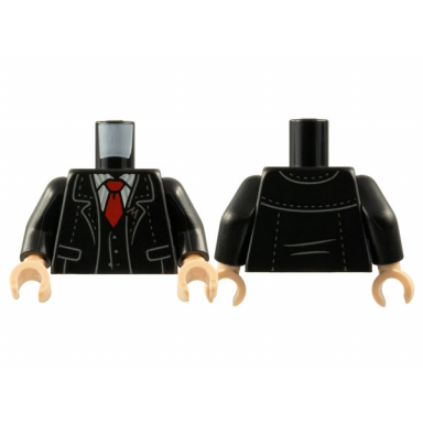 black torso jacket and vest with silver m pin white shirt with light bluish gray stripes red tie pattern black arms light nougat hands