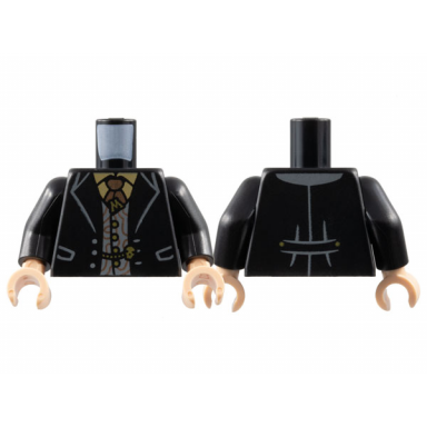 black torso jacket light bluish gray vest tan shirt copper tie gold letter m tack buttons and skull chain pattern black arms light nougat hands
