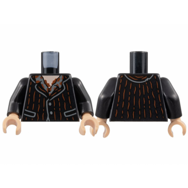 black torso jacket with reddish brown pinstripes light nougat neck dark bluish gray shirt splotches pattern black arms light nougat hands