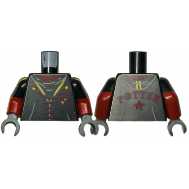 black torso jacket with hogwarts crest dark red potter and laces bright light orange trim pattern dark red arms with black short sleeves bright light orange stars and stripes pattern dark bluish gray hands