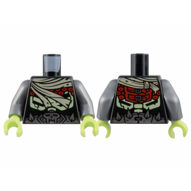 black torso tan scarf red circles yellowish green ribs silver belt with skull and spikes pattern flat silver arms yellowish green hands