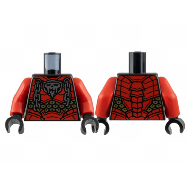 black torso armor red plates silver skull and chains gold circles pattern red arms black hands