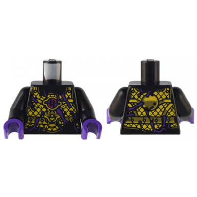 black torso armor with yellow and gold scales and mask emblem and dark purple ink lines pattern black arms dark purple hands