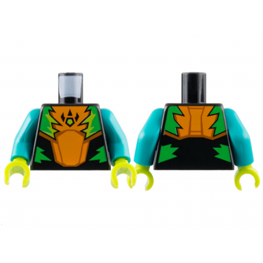 black torso racing suit with orange breastplate with raptor claw logo bright green and lime jagged panels pattern dark turquoise arms lime hands