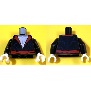 black torso jacket with red collar and lapels belt dark blue muscle contour lines white bare chest pattern morbius black arms white hands