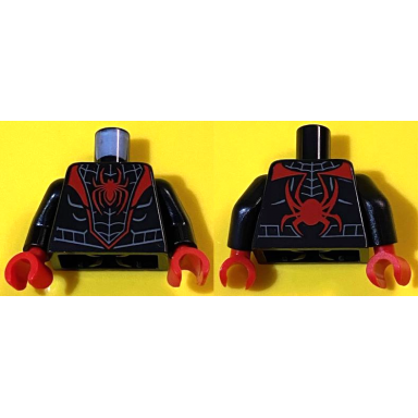 black torso spider-man costume dark bluish gray webbing red spider and lapels pattern miles morales black arms red hands