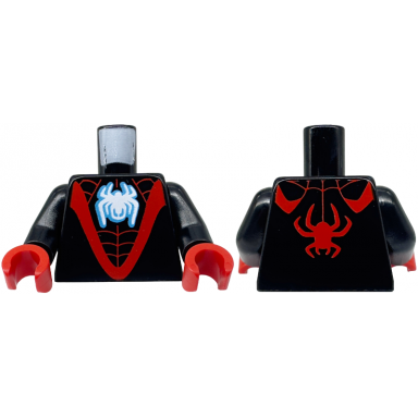 black torso red v and webbing and white spider pattern black arms red hands