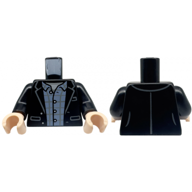 black torso open suit jacket with pockets over sand blue and dark bluish gray plaid shirt with white buttons pattern black arms light nougat hands
