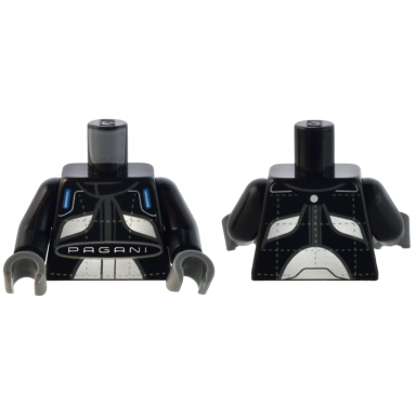 black torso racing suit with dark bluish gray trim white panels and pagani and silver stitching pattern black arms dark bluish gray hands