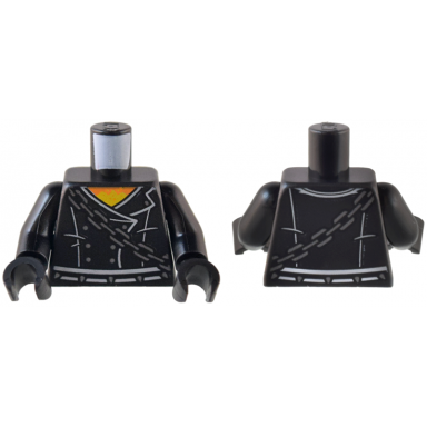 black torso leather jacket with white trim and belt silver buttons and chain over orange and yellow flame shirt pattern black arms black hands