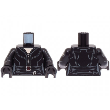 black torso female suit with silver zipper dark bluish gray belt with dark red buckle light nougat neck pattern black arms with shield logo pattern black hands