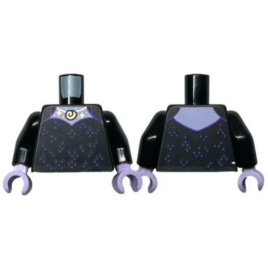 black torso dress with dark purple squares gold necklace and sparkles lavender neck pattern black arms lavender hands