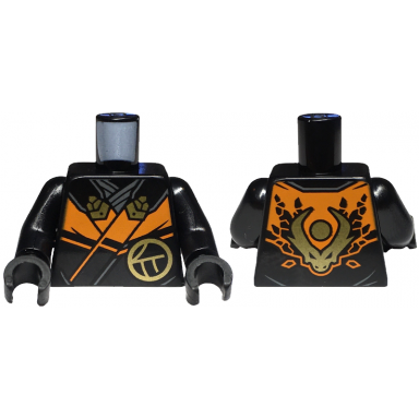 black torso ninja robe with orange trim and gold buckles over dark bluish gray sash ninjago logogram letter c in circle dragon head and orb on back pattern black arms black hands