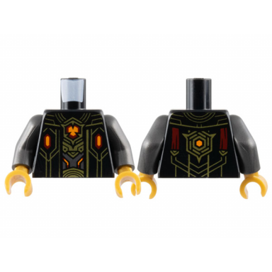 black torso robe open with dark red and orange hexagonal crystals and gold lines over armor pattern pearl dark gray arms pearl gold hands