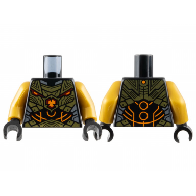 black torso armor with gold plates black abdomen with orange circles and lines pattern pearl gold arms black hands