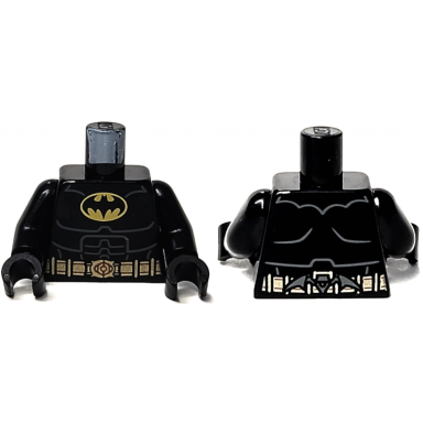 black torso batman logo dark bluish gray armor contour lines gold utility belt with batarang on back pattern black arms black hands