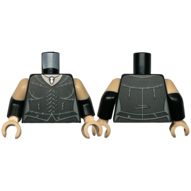 black torso female corset dress with dark bluish gray laces and stitching silver pendant necklace light nougat neck pattern black arms with molded light nougat short sleeves pattern light nougat hands