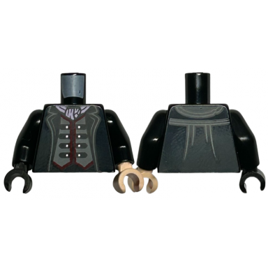 black torso jacket open over dark bluish gray vest with dark red trim bright pink ascot pattern black arms light nougat hand left black hand right
