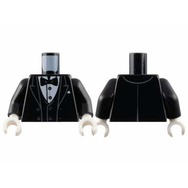 black torso tuxedo jacket open with dark bluish gray outlined lapels over vest and white shirt with silver buttons bow tie pocket square pattern black arms white hands
