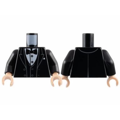 black torso tuxedo jacket open with dark bluish gray outlined lapels over vest and white shirt with silver buttons bow tie pocket square pattern black arms light nougat hands