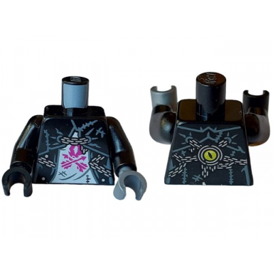 black torso jacket with dark bluish gray lines and silver chains over white shirt with magenta arrows yellow eye on back pattern black arms flat silver hand left black hand right