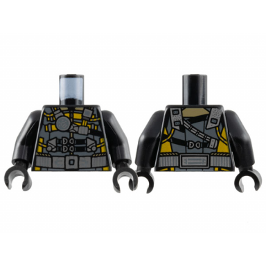 black torso dark bluish gray tactical vest with bright light orange trim silver shoulder straps clasps and belt metallic light blue arc reactor pattern black arms black hands