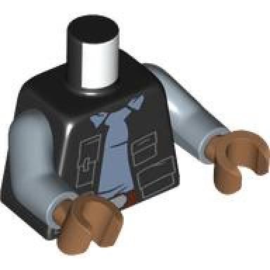 black torso sw vest open with pockets over sand blue shirt with collar reddish brown belt with silver buckle pattern sand blue arms medium nougat hands