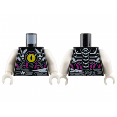 black torso white and dark bluish gray skeleton and waist wrappings yellow eye with slit pupil magenta tubes pattern white arms white hands