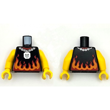 black torso sleeveless shirt with red and orange flames and silver chain necklace with skeleton head pattern yellow arms yellow hands