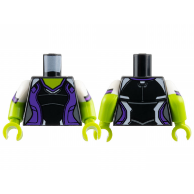 black torso female super hero costume with dark purple side panels and white shoulders lime neck pattern lime arms with molded white short sleeves and printed black and dark purple hems pattern lime hands