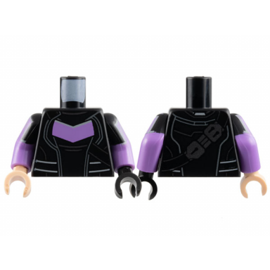 black torso armor with light bluish gray lines and medium lavender chevron strap with dark silver buckle pattern medium lavender arms with molded black short sleeves and printed medium lavender shoulder patches with light bluish gray lines pattern black hand left light nougat hand right