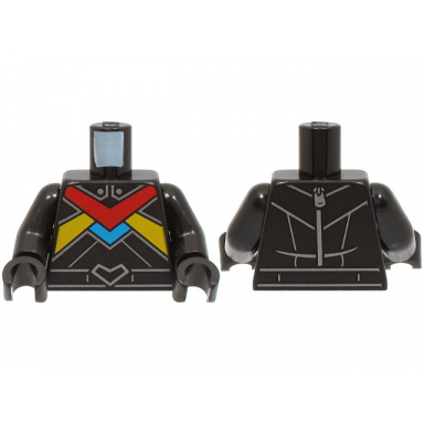 black torso racing suit with red dark azure and bright light orange stripes dark silver lines and zipper on back pattern black arms black hands