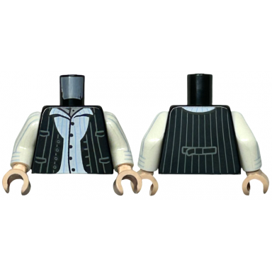 black torso vest open with buttons pockets and dark bluish gray pinstripes over white button up shirt with medium blue pinstripes pattern white arms with medium blue pinstripes cuffs pattern light nougat hands