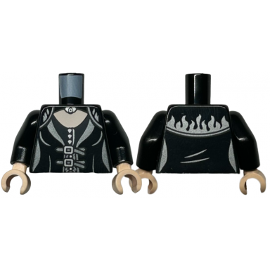 black torso female dress top with dark silver hem flames and straps silver buckles buttons and brooch light nougat neck pattern black arms light nougat hands