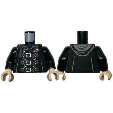 black torso coat with hood silver buttons and reddish brown straps with buckles pattern black arms light nougat hands