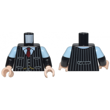 black torso vest with buttons pockets and dark bluish gray pinstripes over bright light blue shirt gold chains dark red tie pattern black arms with molded bright light blue short sleeves pattern light nougat hands