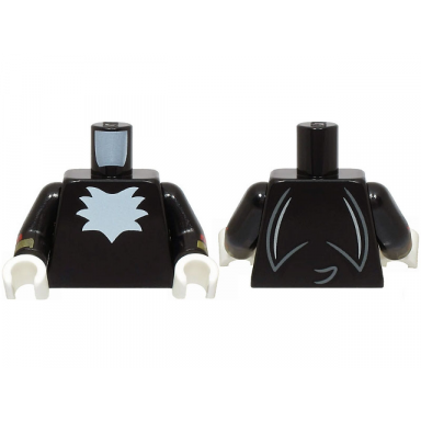 black torso with white chest fur and light bluish gray tail on back pattern black arms with red cuffs and gold bracelets pattern white hands