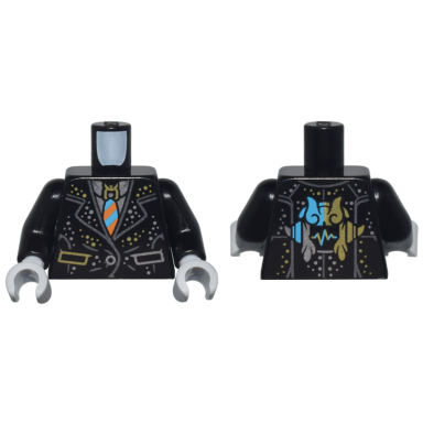 black torso suit with gold and silver trim pockets and dots dark azure and orange striped tie and helmet logo pattern black arms light bluish gray hands