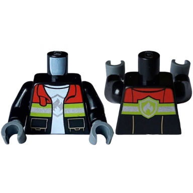 black torso fire jacket open with pockets red collar and silver and lime reflective stripes over white t-shirt with fire logo badge pattern black arms dark bluish gray hands