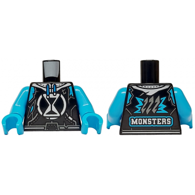 black torso hoodie with white hourglass and hood dark bluish gray pockets and stitching monsters on back pattern dark azure arms dark azure hands