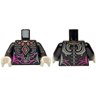 black torso magenta and silver swirls gold diamond and necklace tied on back pattern black arms white hands