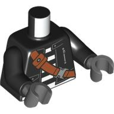 black torso jacket open with pocket and zipper over shirt with white prison stripes dark orange strap with pouch and silver buckle pattern black arms dark bluish gray hands