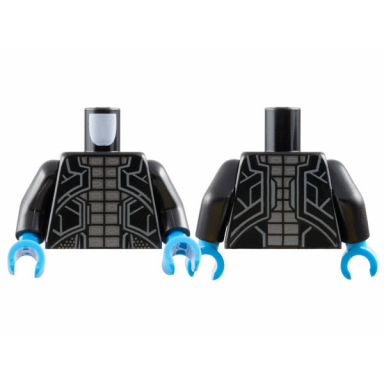 black torso armor with sloping panels with dark bluish gray edges over dark silver grid of rectangles pattern black arms dark azure hands