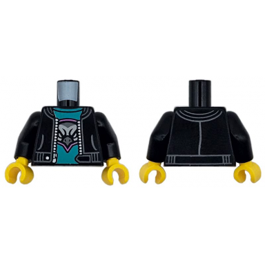 black torso jacket open with pockets and silver zipper over dark turquoise shirt with dark pink dark bluish gray and light bluish gray hawk head logo pattern black arms yellow hands
