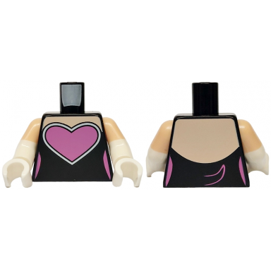black torso female outline light nougat neck dark pink heart highlights and tail outline pattern white arms with molded light nougat short sleeves pattern white hands