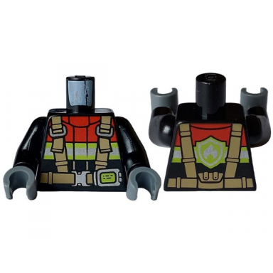 black torso fire jacket with red collar and silver and lime reflective stripes and fire logo badge dark tan harness pattern black arms dark bluish gray hands