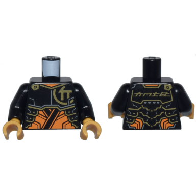 black torso armor plates over orange tunic gold trim and ninjago logogram letter c cole on back pattern black arms pearl gold hands