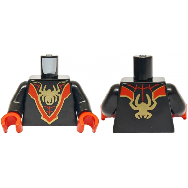 black torso super hero costume with red v and webbing gold spider logo pattern black arms red hands