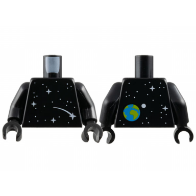 black torso with white dots and sparkles stars comet earth and moon on back pattern black arms black hands