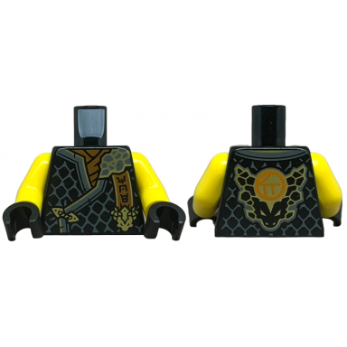black torso tunic with dark bluish gray hems gold trim dark orange shirt ninjago logogram moe letter c on back pattern yellow arms black hands